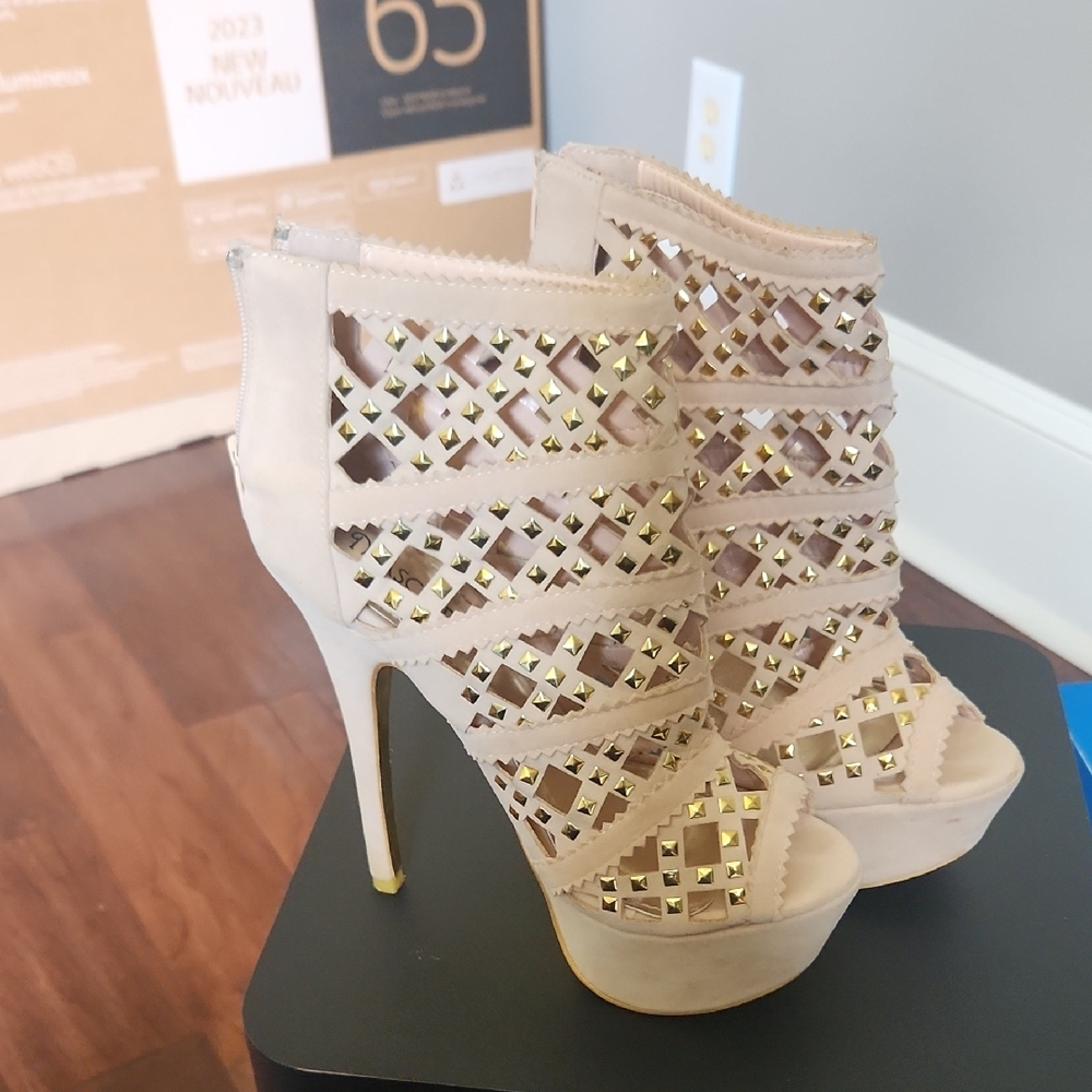 Elegant Beige Studded High Heels